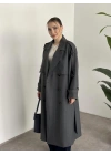 Çizgili uzun düğmeli beli kuşaklı oversize astarlı trençkot gri