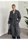 Çizgili uzun düğmeli beli kuşaklı oversize astarlı trençkot gri