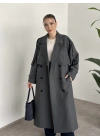 Çizgili uzun düğmeli beli kuşaklı oversize astarlı trençkot gri