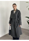 Çizgili uzun düğmeli beli kuşaklı oversize astarlı trençkot gri