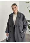 Çizgili uzun düğmeli beli kuşaklı oversize astarlı trençkot gri