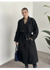Çizgili uzun düğmeli beli kuşaklı oversize astarlı trençkot siyah