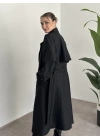 Çizgili uzun düğmeli beli kuşaklı oversize astarlı trençkot siyah