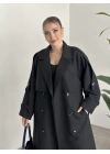 Çizgili uzun düğmeli beli kuşaklı oversize astarlı trençkot siyah