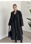 Çizgili uzun düğmeli beli kuşaklı oversize astarlı trençkot siyah
