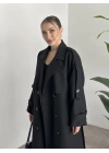 Çizgili uzun düğmeli beli kuşaklı oversize astarlı trençkot siyah