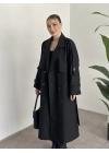 Çizgili uzun düğmeli beli kuşaklı oversize astarlı trençkot siyah
