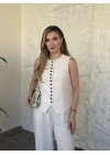 Çok düğmeli bisiklet yaka keten takım açık krem