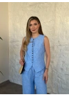 Çok düğmeli bisiklet yaka keten takım bebek mavisi