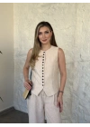 Çok düğmeli bisiklet yaka keten takım koyu krem