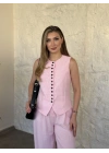 Çok düğmeli bisiklet yaka keten takım pembe