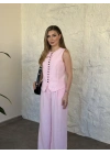 Çok düğmeli bisiklet yaka keten takım pembe