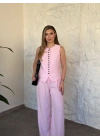 Çok düğmeli bisiklet yaka keten takım pembe