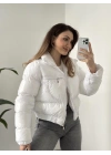 Crop belden lastikli parlak şişme mont beyaz