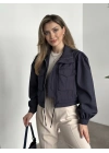 Crop boy cep detaylı yağmurluk ceket lacivert