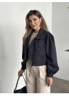 Crop boy cep detaylı yağmurluk ceket lacivert