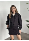 Crop boy cep detaylı yağmurluk ceket siyah