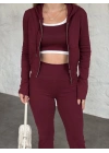 Crop detaylı kapüşonlu hırkalı takım bordo