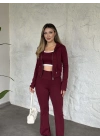 Crop detaylı kapüşonlu hırkalı takım bordo