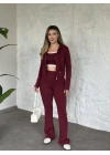Crop detaylı kapüşonlu hırkalı takım bordo