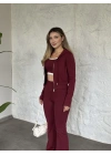 Crop detaylı kapüşonlu hırkalı takım bordo