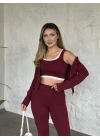 Crop detaylı kapüşonlu hırkalı takım bordo