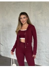 Crop detaylı kapüşonlu hırkalı takım bordo