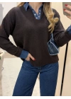 Denim dokunuş triko kahve
