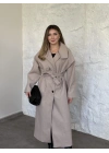 Dik yaka düğmeli uzun kaşe kaban krem