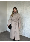 Dik yaka düğmeli uzun kaşe kaban krem