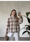 Dik yaka fermuarlı soft polar kahve kareli