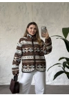 Dik yaka fermuarlı soft polar kahveli turkuaz