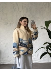 Dik yaka fermuarlı soft polar krem turkuaz