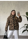 Dik yaka fermuarlı soft polar leopar
