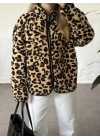 Dik yaka fermuarlı soft polar leopar