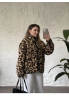 Dik yaka fermuarlı soft polar leopar