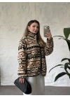 Dik yaka fermuarlı soft polar siyah desenli