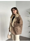 Dokulu süet zr model içi krem peluşlu oversize mont camel