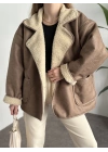 Dokulu süet zr model içi krem peluşlu oversize mont camel
