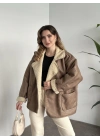 Dokulu süet zr model içi krem peluşlu oversize mont camel