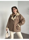 Dokulu süet zr model içi krem peluşlu oversize mont camel