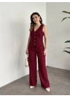 Düğme detaylı yelekli takım bordo