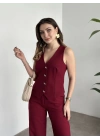 Düğme detaylı yelekli takım bordo
