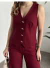Düğme detaylı yelekli takım bordo