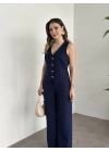 Düğme detaylı yelekli takım lacivert