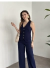 Düğme detaylı yelekli takım lacivert