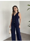 Düğme detaylı yelekli takım lacivert