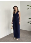Düğme detaylı yelekli takım lacivert