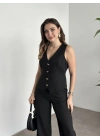 Düğme detaylı yelekli takım siyah