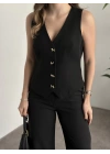 Düğme detaylı yelekli takım siyah